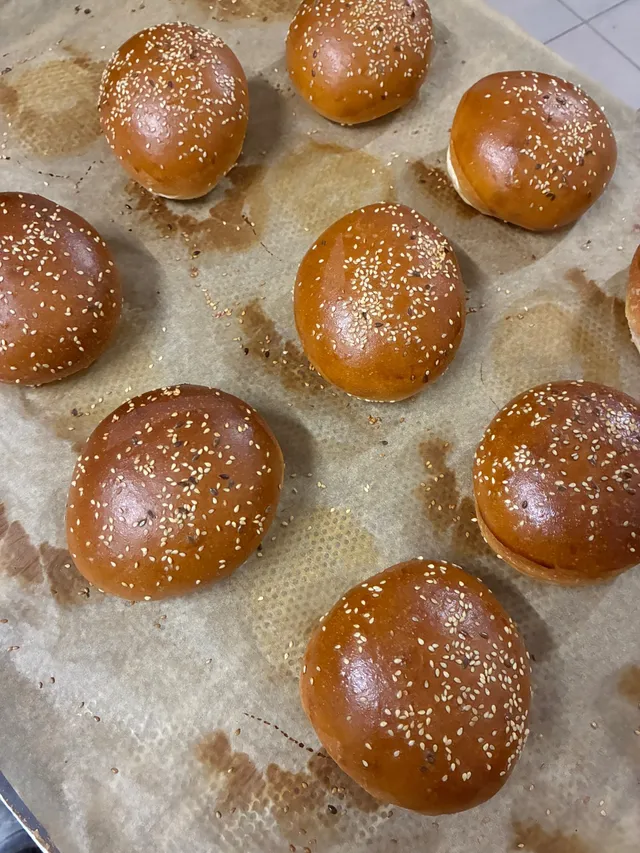 Burgerbrötchen mit Sesam frisch gebacken auf Backpapier