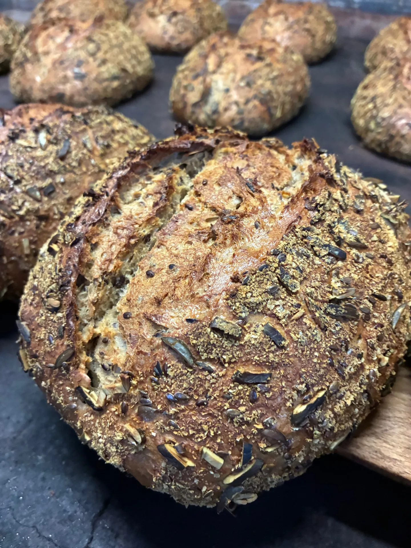 Ein Brot mit Saaten und Kruste, frisch aus dem Ofen